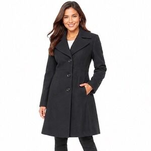 Nine West Black Wool Blend 3-Button Mid-Length Coat 12 Vintage Academia 63-10